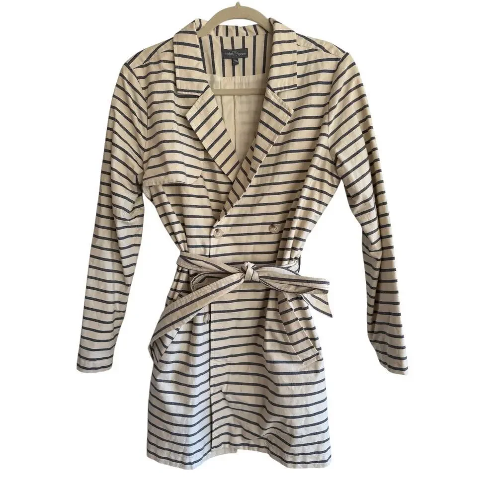 Market & Spruce Striped Belted Trench Jacket Preppy Classic Size Large